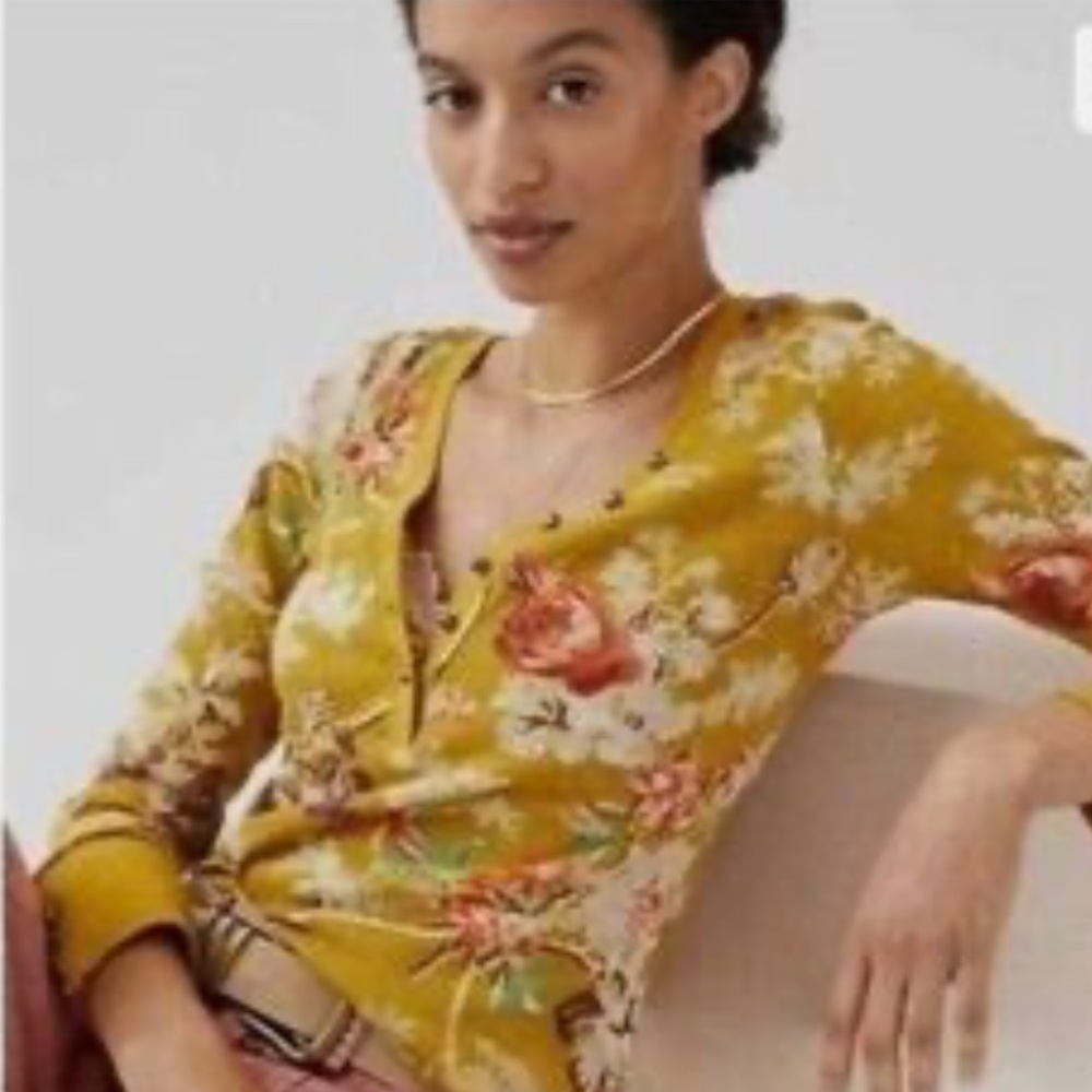 Anthropologie Pilcro yellow ribbed floral print shirt